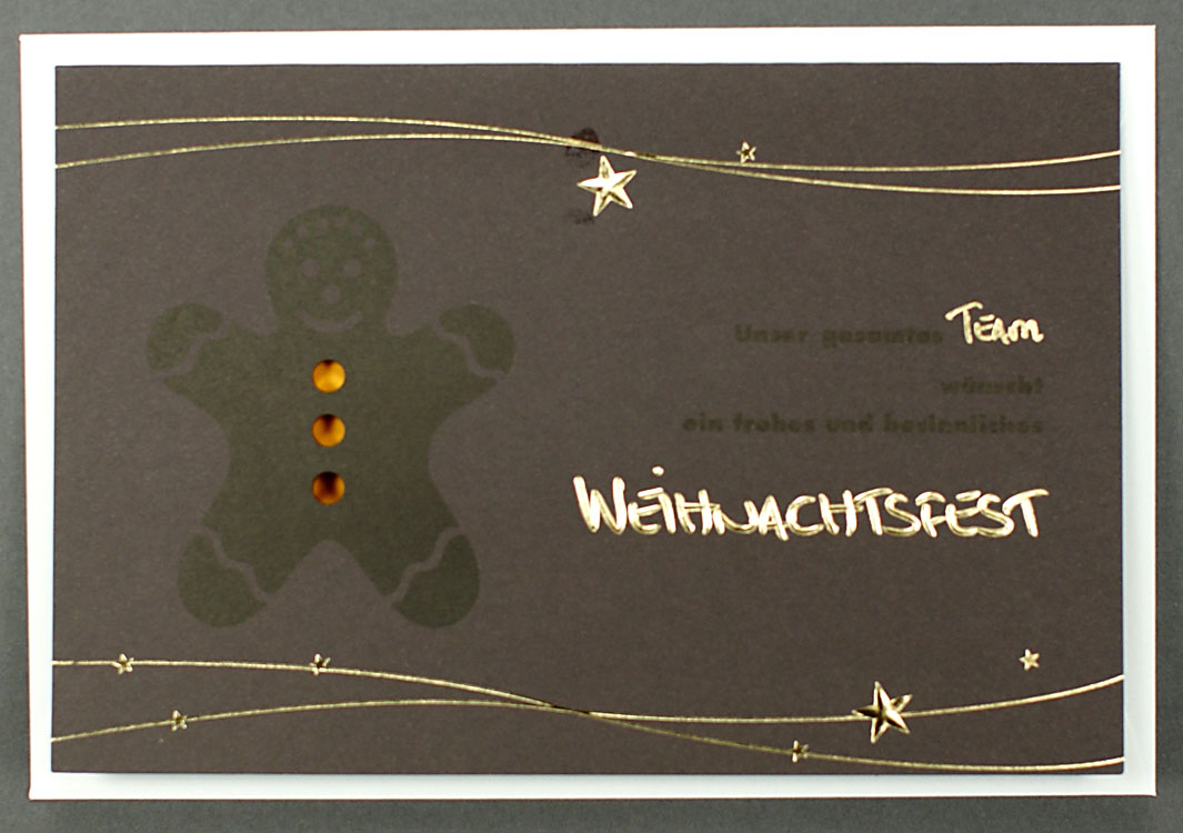 Weihnachtskarte Teamkarte braun mit Lebkuchenfigur und Goldfolie