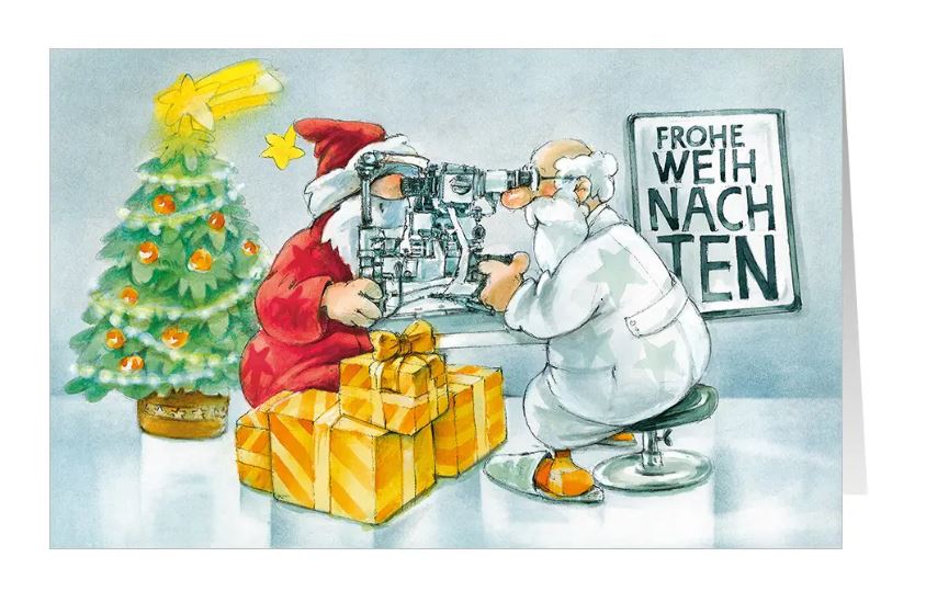 Erheiternde Weihnachtskarte "Klare Sicht" für Augenärzte, Augenkliniken, Sehzentren, Optiker mit Gruß "Frohe Weihnachten"