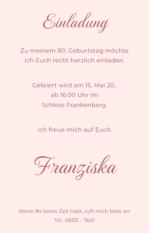 Klassische Einladungskarte zum 80. Geburtstag mit floralem Ornament als beidseitig bedruckte Einzelkarte 