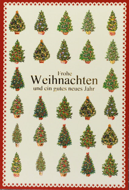 Weihnachtskarte Frohe Weihnachten und ein gutes neues Jahr mit zahlreichen Weihnachtsbäumen
