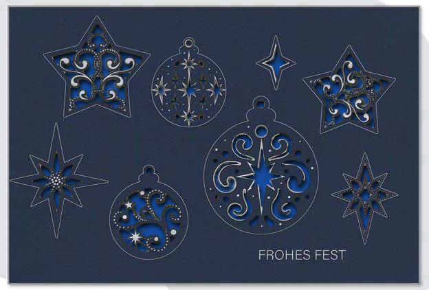 Edle Laser-Weihnachtskarte in blau "Filigrane Festlichkeit" mit Silberfolienprägung und Einlegeblatt in Blau