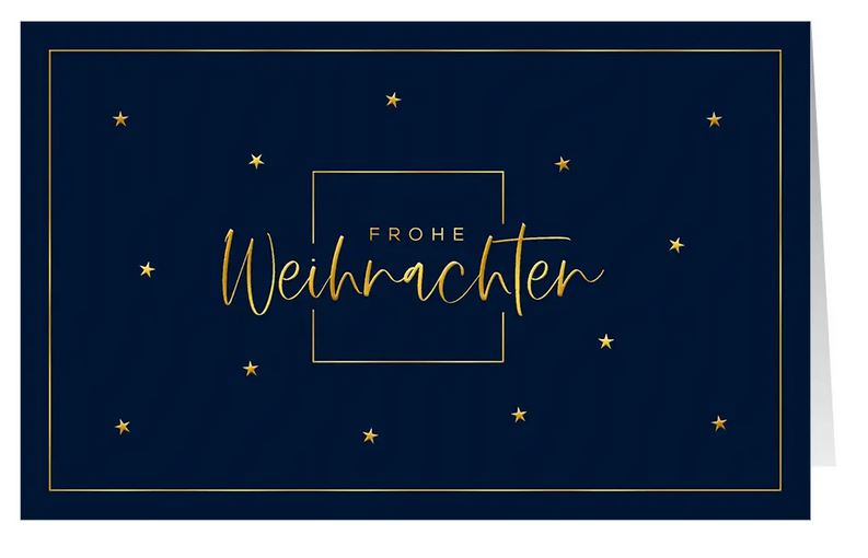 Dunkelblaue Weihnachtskarte "Moderne Impression" mit Goldfolienprägung von Weihnachtsgruß und kleinen Sternen