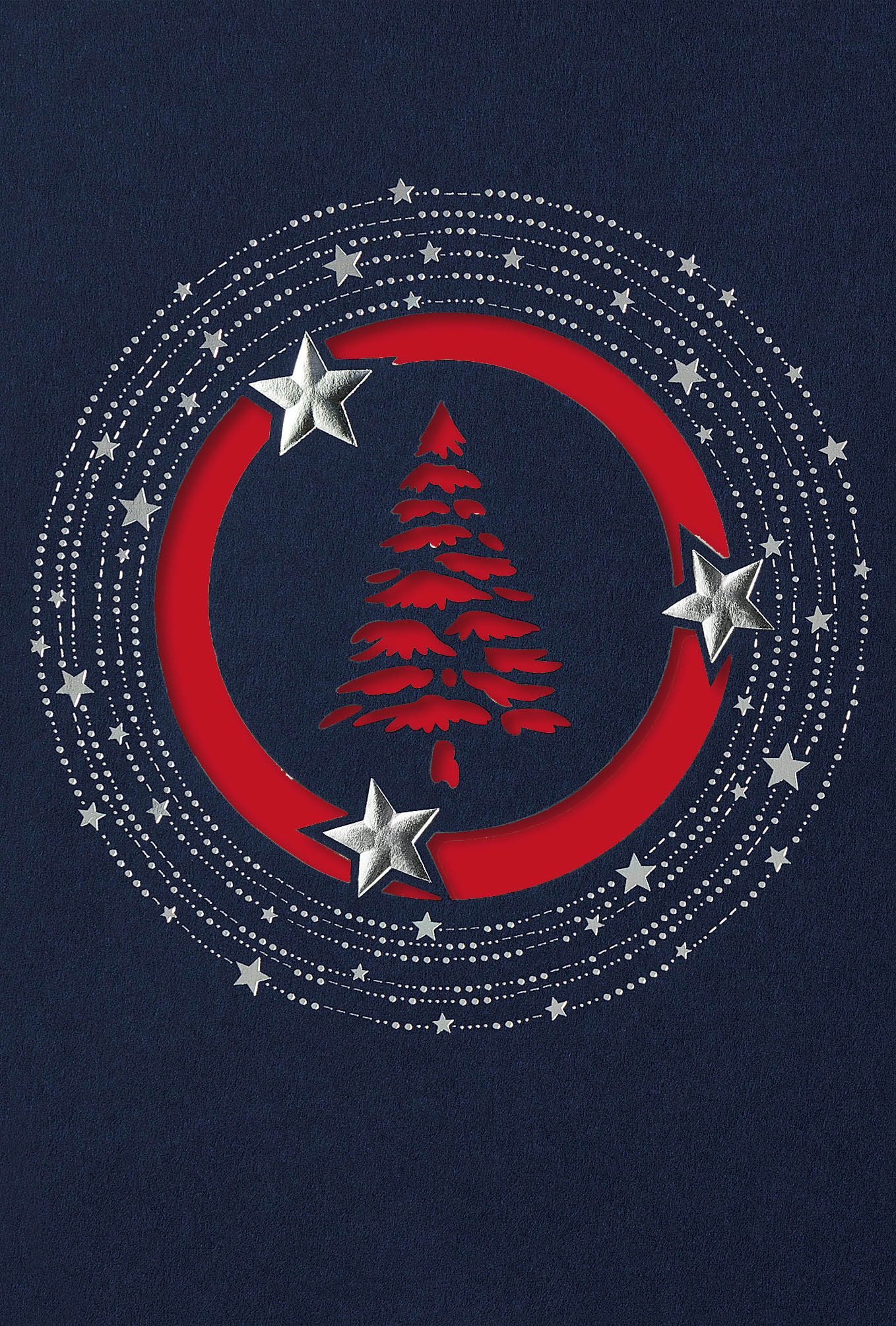 Stanz-Weihnachtskarte mit silbernen Sternen und Baum inkl. rotem Einlegeblatt