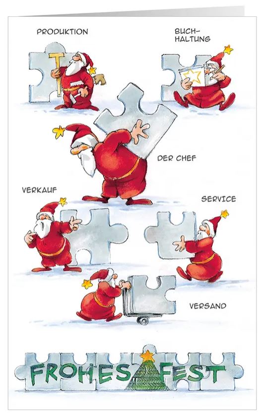 Originelle Branchenweihnachtskarte "Gemeinsames Zusammenspiel" für Firmen aller Art mit internen Abteilungen