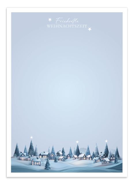 Stimmungsvolles Weihnachtsbriefpapier in Blau mit winterlichem Dorf und "Friedvolle Weihnachtszeit"