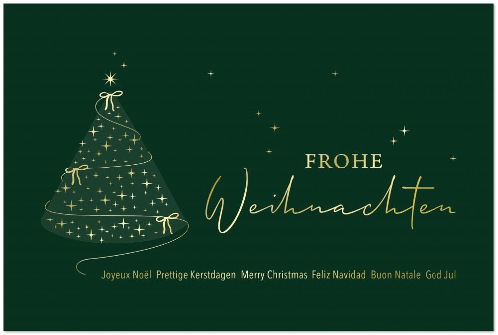 Grüne Festtagskarte mit Goldfolienprägung von internationalen Weihnachtsgrüßen und Baum aus kleinen Sternen