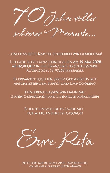 Fotokarte "Zeitreise" als Einladung zum 70. Geburtstag in Braun mit persönlicher Fotocollage und eigenem Text
