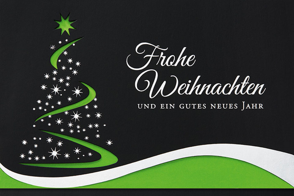 Weihnachtskarte schwarz Frohe Weihnachten mit abstraktem Weihnachtsbaum und Konturstanzung