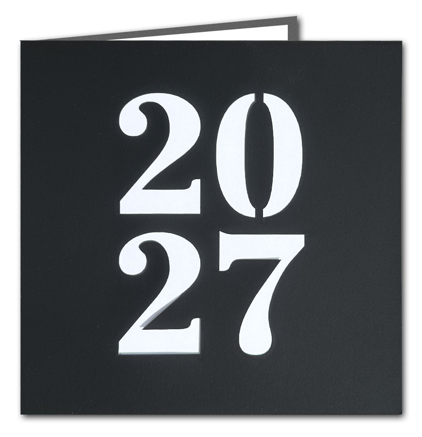 Mattschwarze Neujahrskarte mit Laserstanzung 2027 und weißem Einlegeblatt