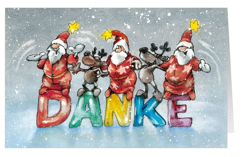 Weihnachtliche Dankkarte "Bunter Dankesreigen" mit Weihnachtsmänner und Rentieren sowie Spende für Ärzte ohne Grenzen