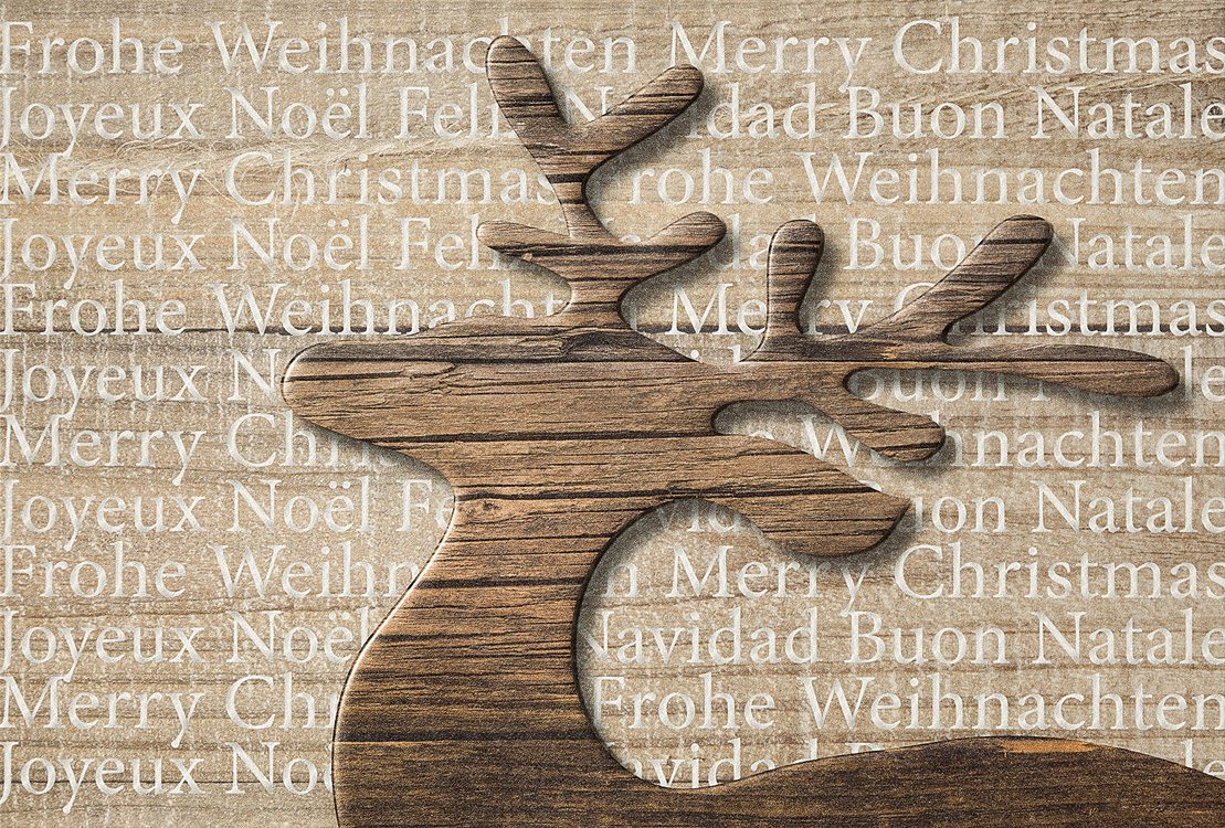 Weihnachtskarte bräunlich mit Rentier aus Holz international