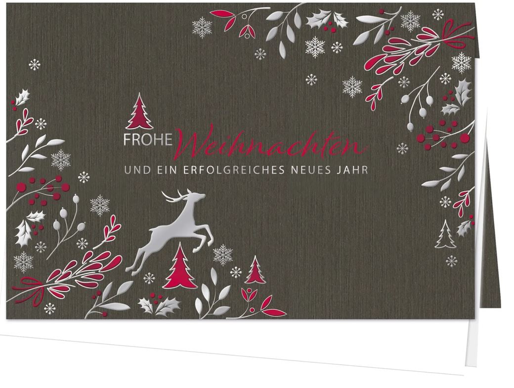 Firmenweihnachtskarte "Naturromantik" in Dunkelbraun mit Pflanzenranken und springendem Hirsch in edler Prägung
