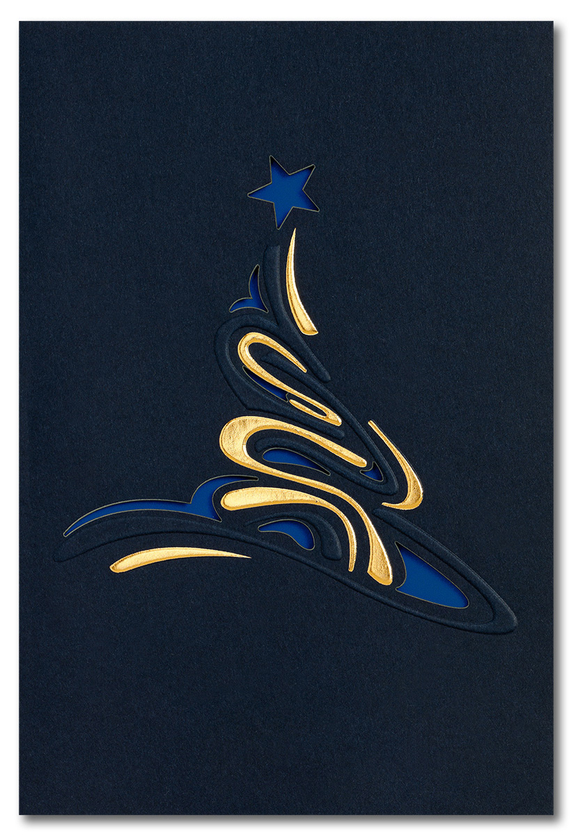 Weihnachtskarte nachtblau mit abstraktem Weihnachtsbaum dunkelblau