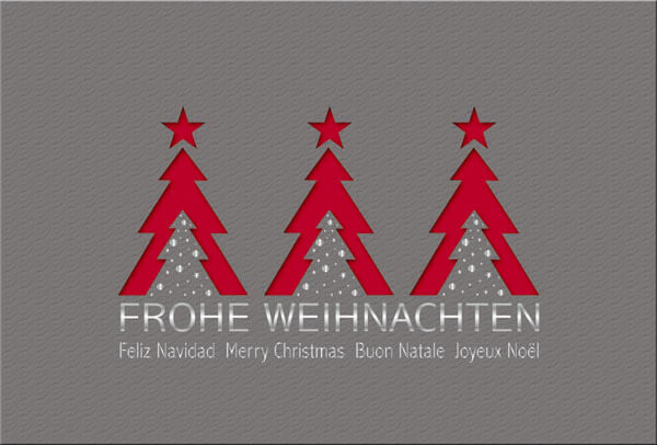 Anthrazitfarbene Weihnachtskarte mit mehrsprachigen Weihnachtsgrüßen und rotem Einleger