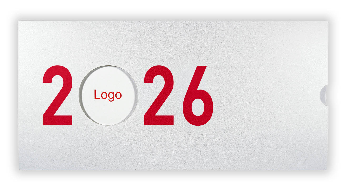 Metallic-Neujahrskarte weiß-rot Schiebekarte für Jahreswechsel 2025 - 2026 mit Logo-Fenster