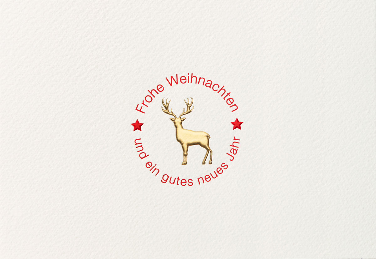 Weihnachtskarte creme Frohe Weihnachten und ein gutes neues Jahr mit goldenem Rentier
