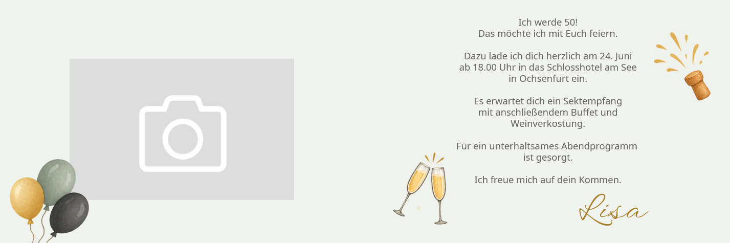 Einladungskarte zum 50. Geburtstag mit stilvollen Party-Icons als Klappkarte mit eigenem Fotodruck auf der Innenseite