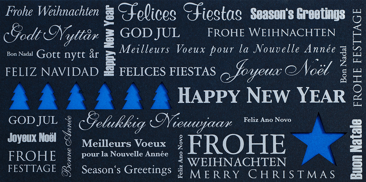 Weihnachtskarte nachtblau mit internationalem Text Einleger blau