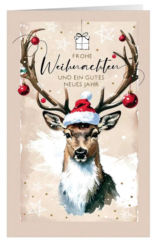 Weihnachtskarte "Froher Waldbote" mit stattlichem Hirsch, roten Kugeln und Weihnachtsgruß