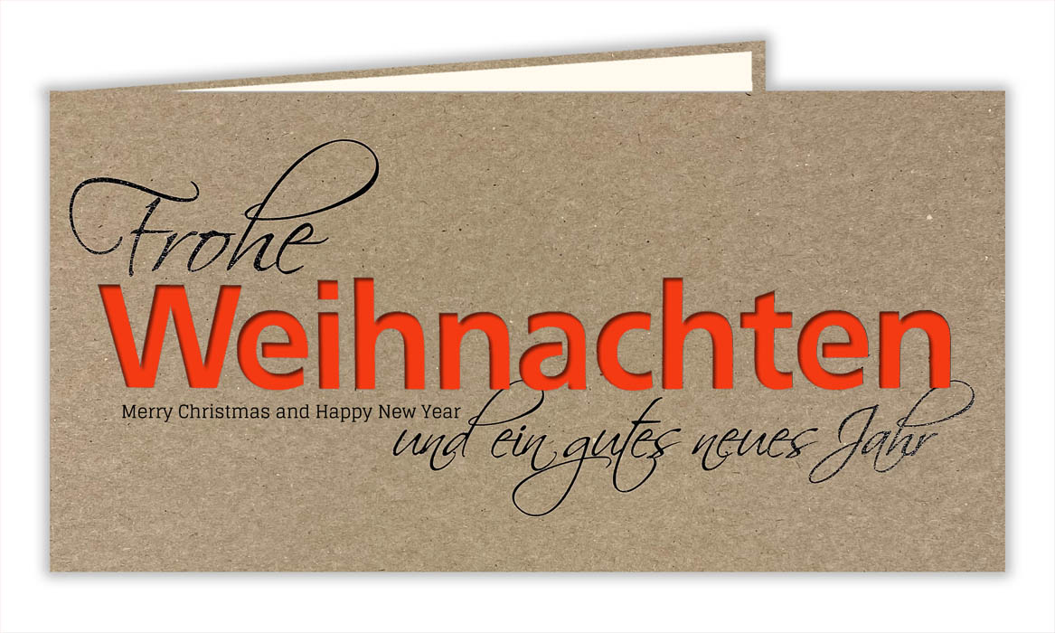 Naturbraune Weihnachtskarte mit Ausstanzung "Weihnachten" und rot-/weißem Einlegeblatt