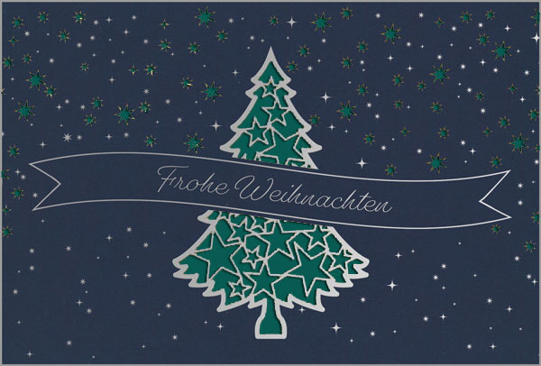 Laser-Weihnachtskarte blau mit „Frohe Weihnachten“ in silber, Baum, Sternen und Einleger in dunkelgrün