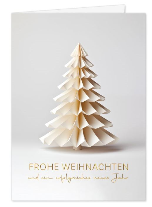 Geschäftliche Weihnachtskarte im modernen Design mit Origami Baum und Goldfolienprägung