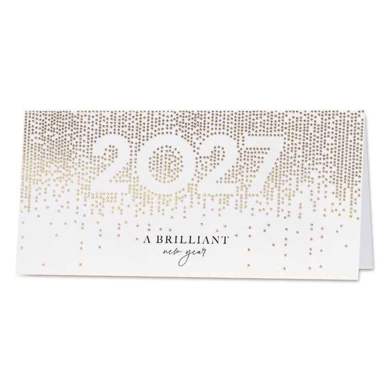 Festliche Neujahrskarte "Goldener Sternenregen" in Gold und Weiß im Panorama-Format DIN lang mit Jahreszahl 2027