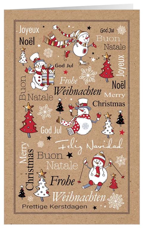 Internationale Weihnachtskarte in braun "Winterparty" im humorvollen Stil mit Schneemännern und Tannenbäumen