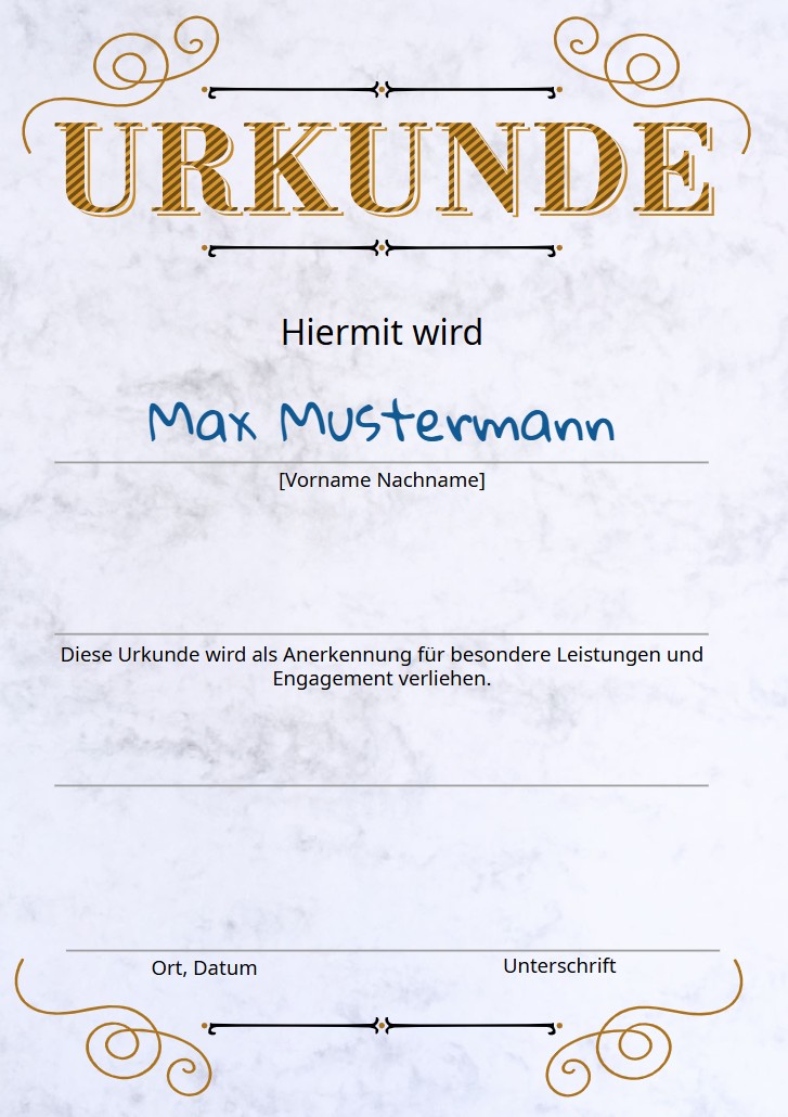 Urkunde aus kräftigem, grau marmoriertem Design-Karton mit 200g/m² Grammatur.