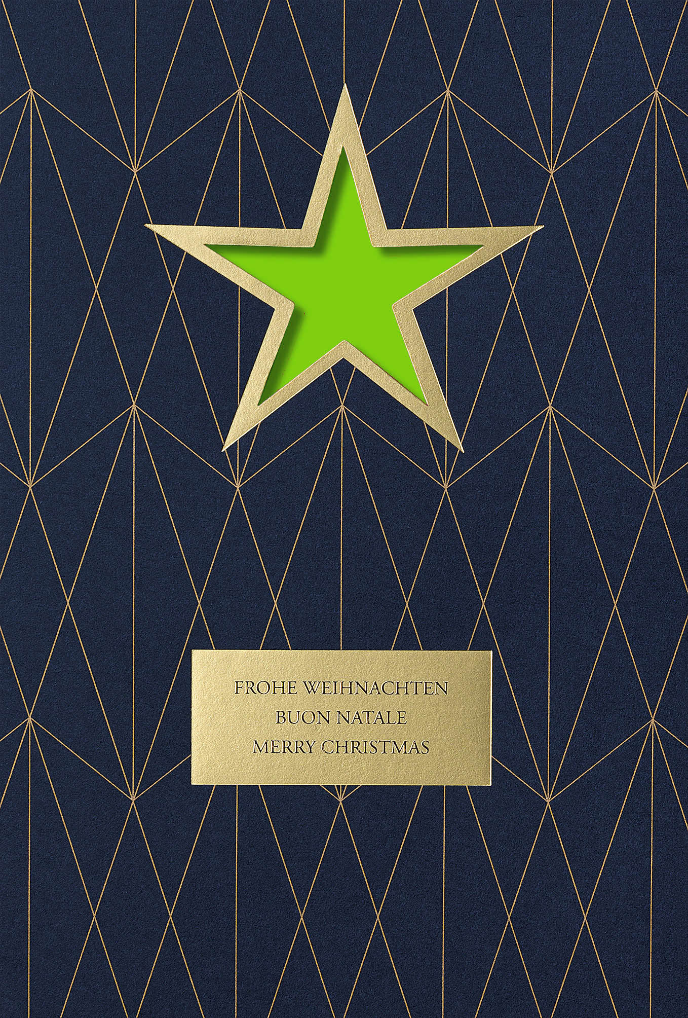 Moderne, mehrsprachige Weihnachtskarte in dunkelblau mit gruenem Einlegeblatt und Stanzung