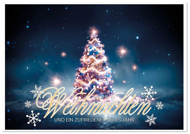 Funkelnde Weihnachtskarte mit üppig verziertem Weihnachtsbaum in sternenklarer Nacht | Ohne Gestaltung bestellen