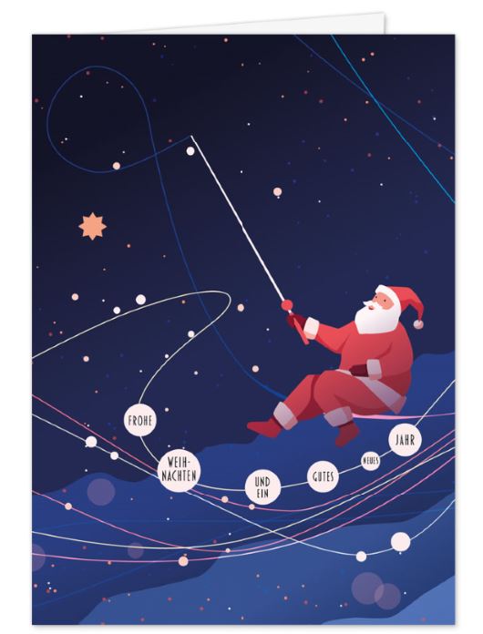 Humorvolle Spendenkarte „Sternenangler“ mit Weihnachtsmann und Spendenanteil für: Kinderkrebs-Stiftung