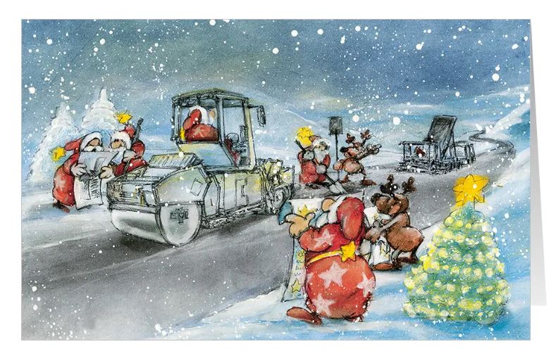 Humorvolle Weihnachtskarte "Neue Wege" für Straßenbau, Asphalttechnik und Bauunternehmen