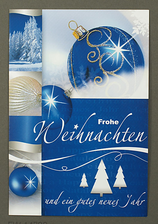 Weihnachtskarte weiß mit blauem Farbdruck Weihnachtskugeln
