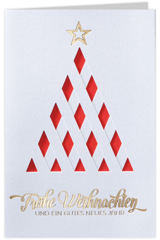 Ausgefallene Weihnachtskarte weiß mit rotem Einleger und gestanztem Baum