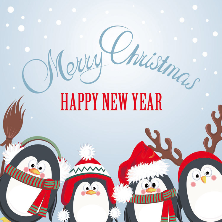 Lustige Weihnachtskarte englisch mit weihnachtlichen Pinguinen