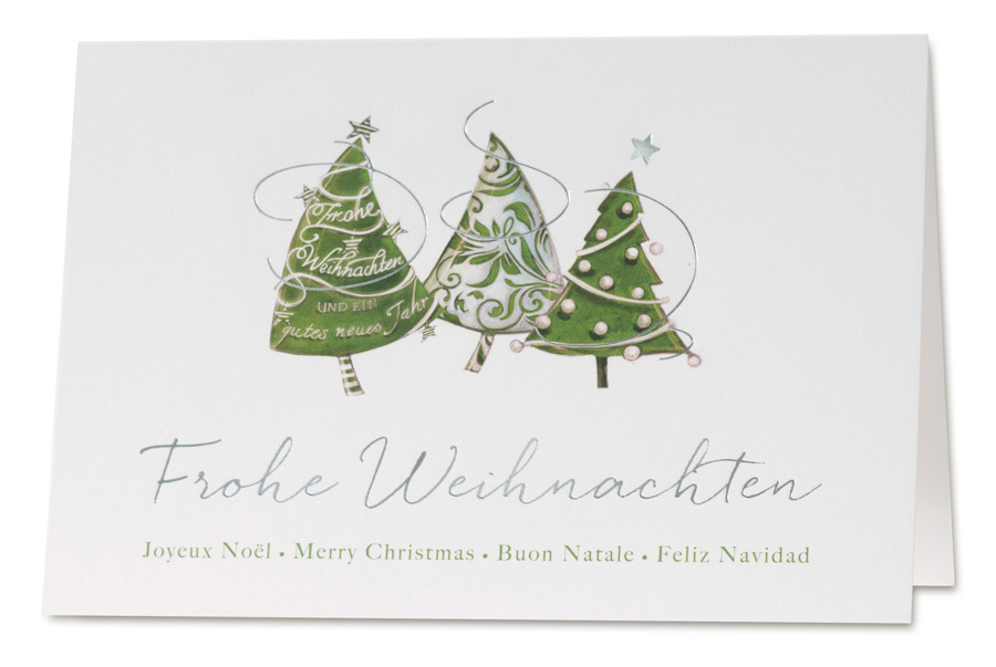 Weihnachtskarte guter Zweck Make-A-Wish e.V. Weihnachtsbäume grün Frohe Weihnachten international