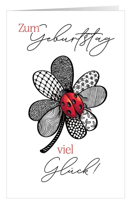 Geburtstagsgrußkarte "Pures Glück" mit Glückwünschen und einzelnem Marienkäfer in einer Blüte