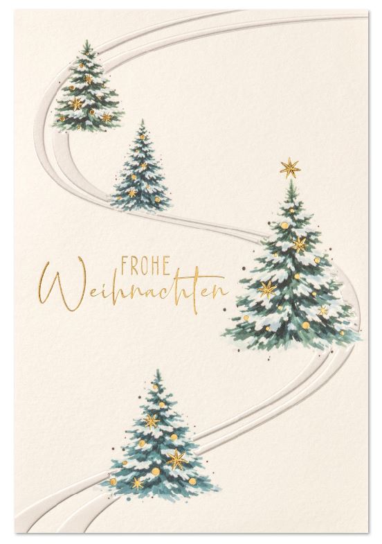 Klassische Weihnachtskarte „Wintertraum“ mit verschneiten Tannen und Gruß "Frohe Weihnachten"