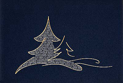 Weihnachtskarte nachtblau mit zwei Weihnachtsbäumen mehrsprachig