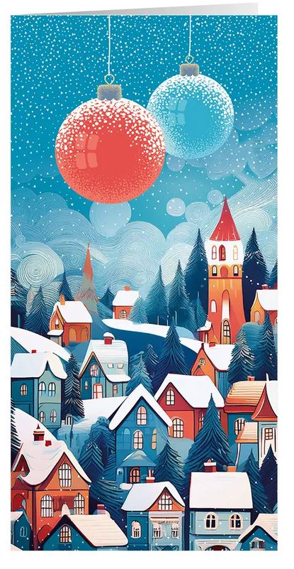 Zauberhafte Weihnachtskarte "Winterwunderland" mit verschneitem Dorf und Weihnachtskugeln am blauen Himmel