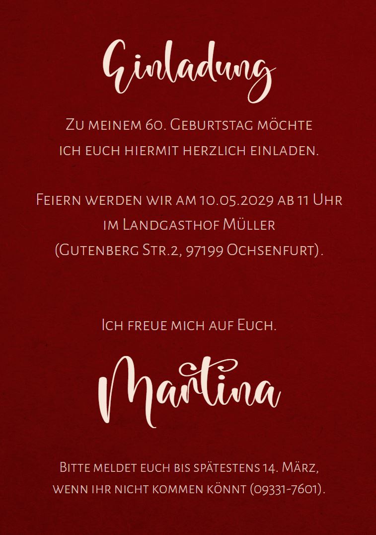 Rückseite mit Mustertext Einladungskarte zum 60. Geburtstag, mit eigenem Foto selbst gestalten