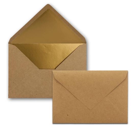 Briefumschlag DIN C6, 16,2 x 11,4 cm, nassklebend, 120g, naturbraun aus Kraftpapier mit goldenem Innenfutter
