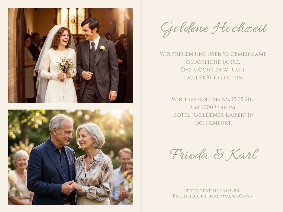 Jubiläumskarte als Einladung zur Goldenen Hochzeit "Glückliche Zeit" mit Ornamentverzierung 