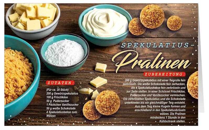 Rezept-Weihnachtskarte "Süße Zauberkugeln" mit Zutatenliste und Zubereitung für leckere Spekulatius-Pralinen