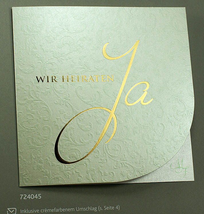 Hochzeitskarte zartes grün mit Ranken und goldenes Ja