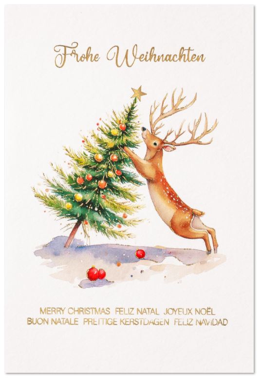 Internationale Spendenkarte für die Kinder-Not-Hilfe mit Hirsch, geschmücktem Weihnachtsbaum und Gruß