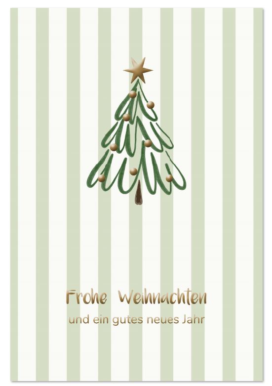 Weihnachtskarte „Nordic Winter“ in Weiß und Salbeigrün mit Tannenbaum und Streifenmuster