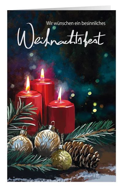 Klassische Spendengrußkarte für Ärzte ohne Grenzen mit Weihnachtsgesteck aus roten Kerzen und Kugeln