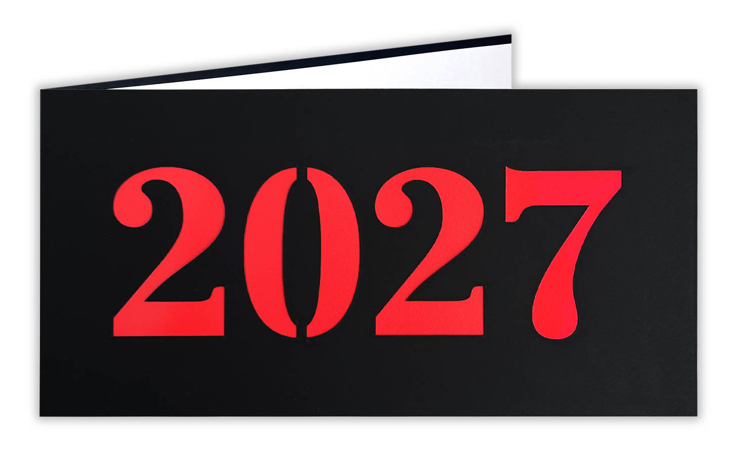 Mattschwarze Neujahrskarte mit Laserstanzung 2027 und rotem Einlegeblatt